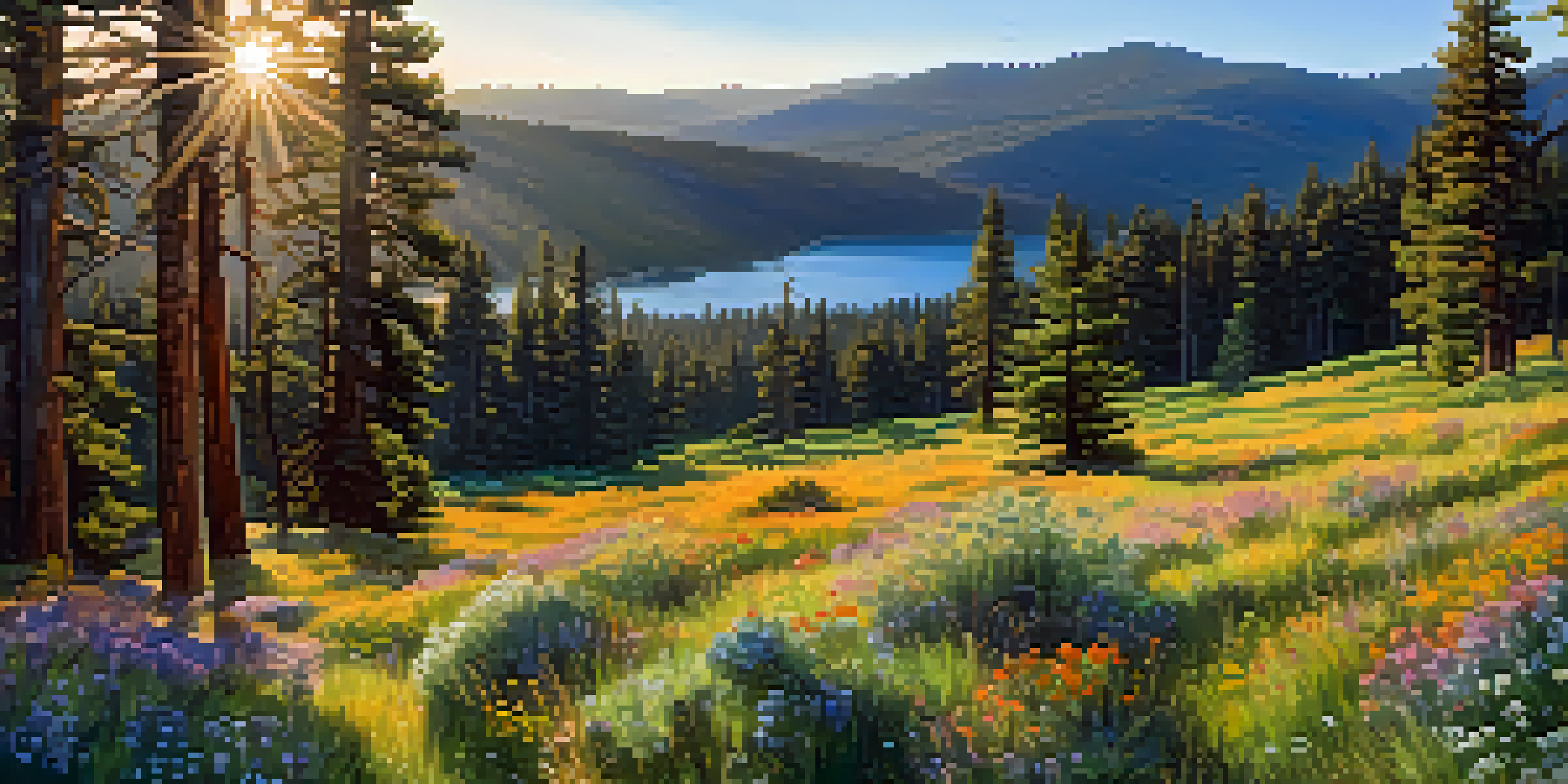 A wide view of Big Bear Valley with blooming wildflowers, green meadows, and pine trees, illuminated by soft golden sunlight.