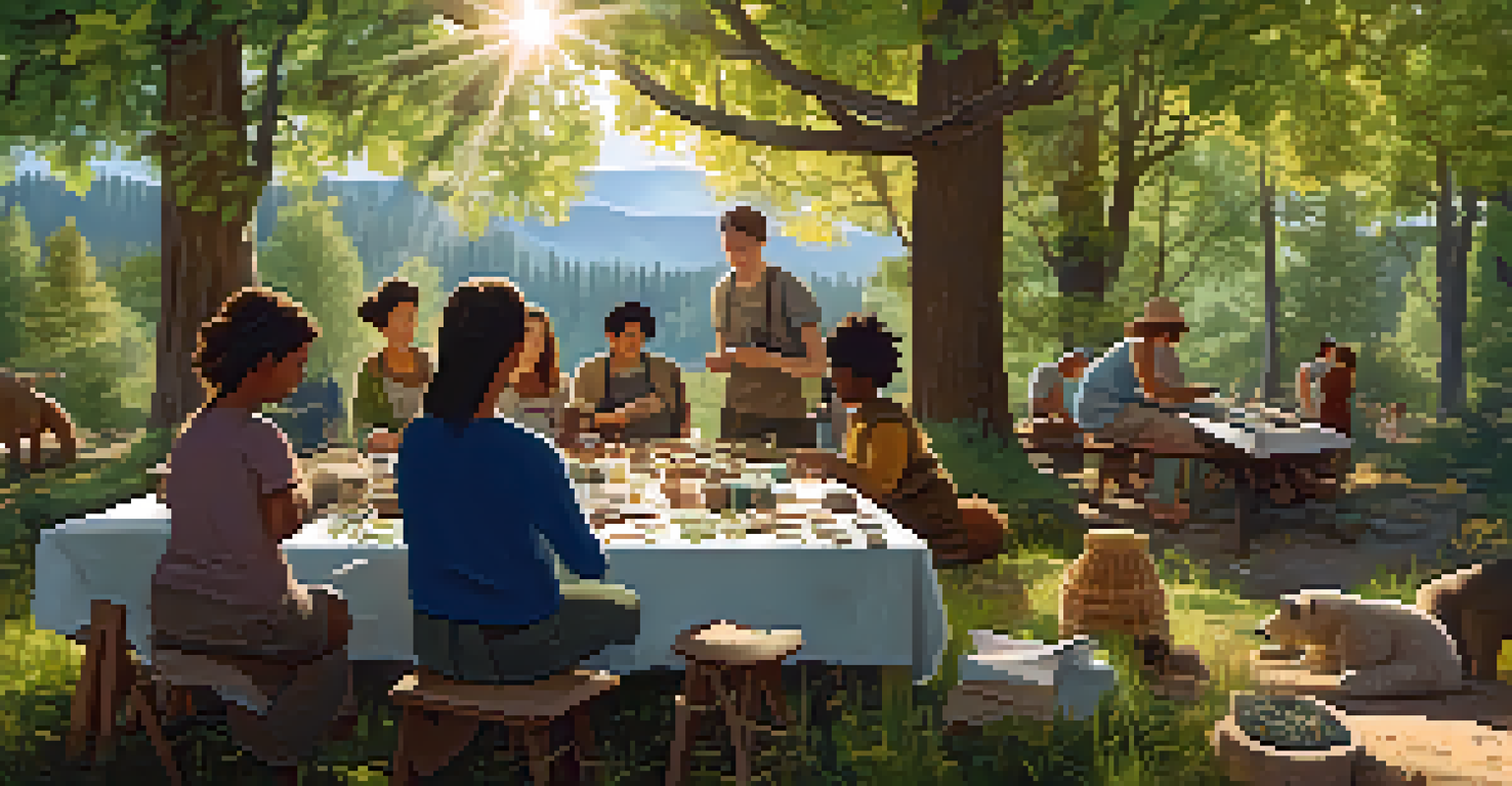 Participants in an outdoor workshop creating art with natural materials, set against a scenic Big Bear landscape.