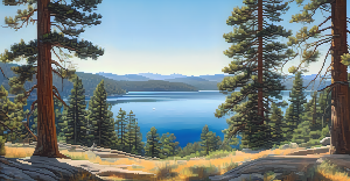 A scenic view of Big Bear Lake with pine trees and colorful wildflowers under a clear blue sky.
