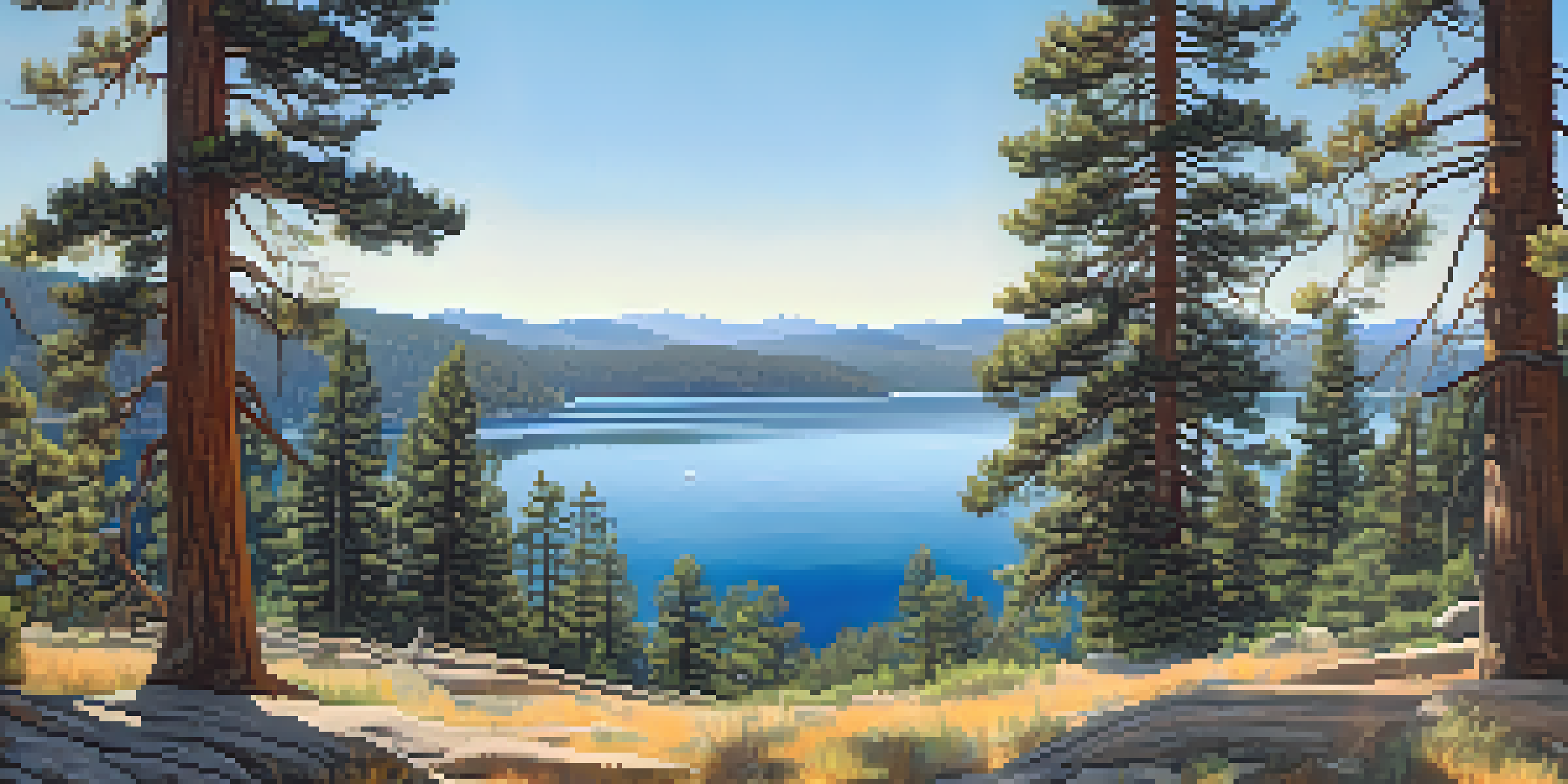 A scenic view of Big Bear Lake with pine trees and colorful wildflowers under a clear blue sky.
