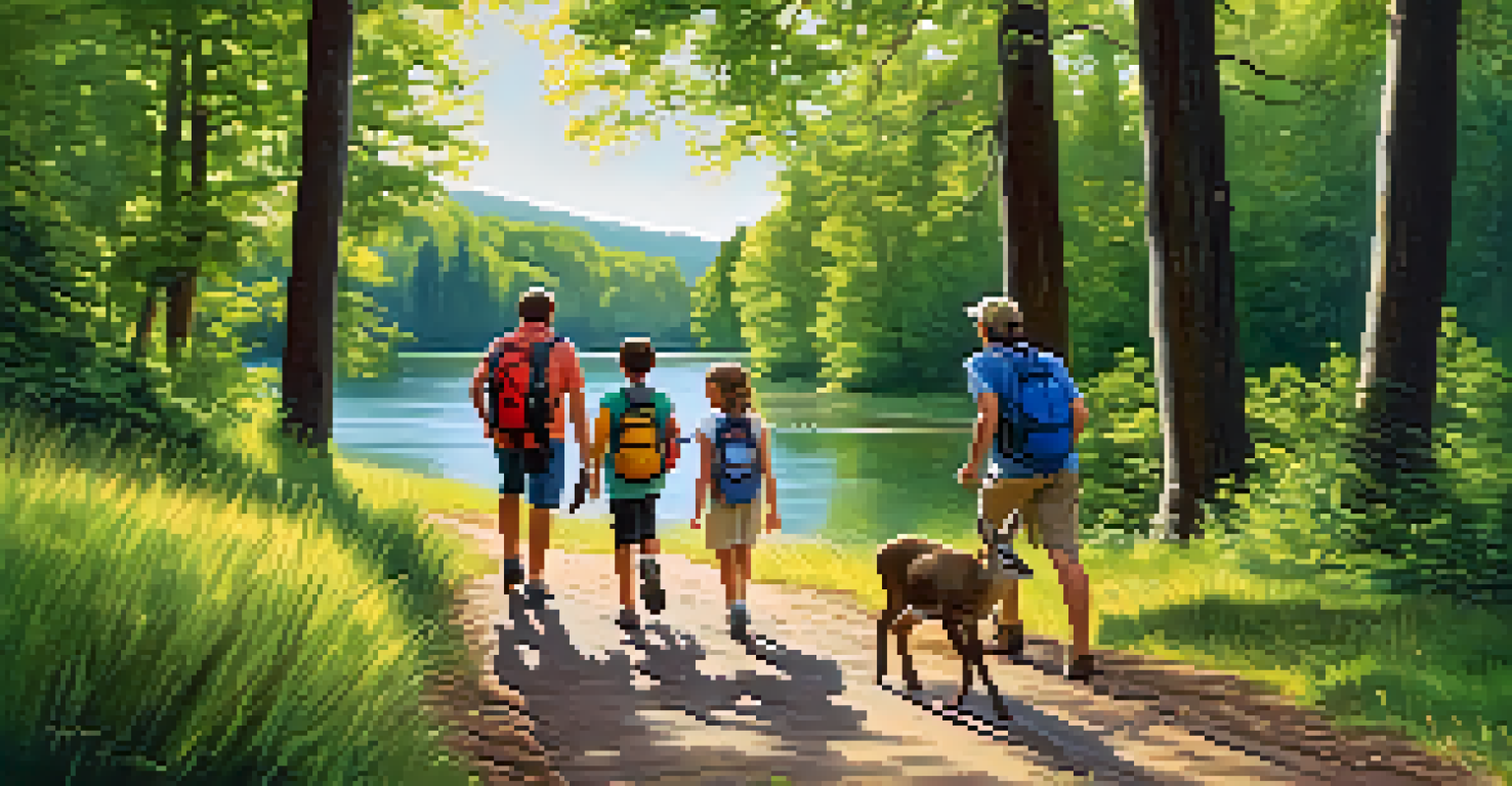 A family enjoying a hike on the Meadow Park Trail, with children pointing at a deer in the distance.