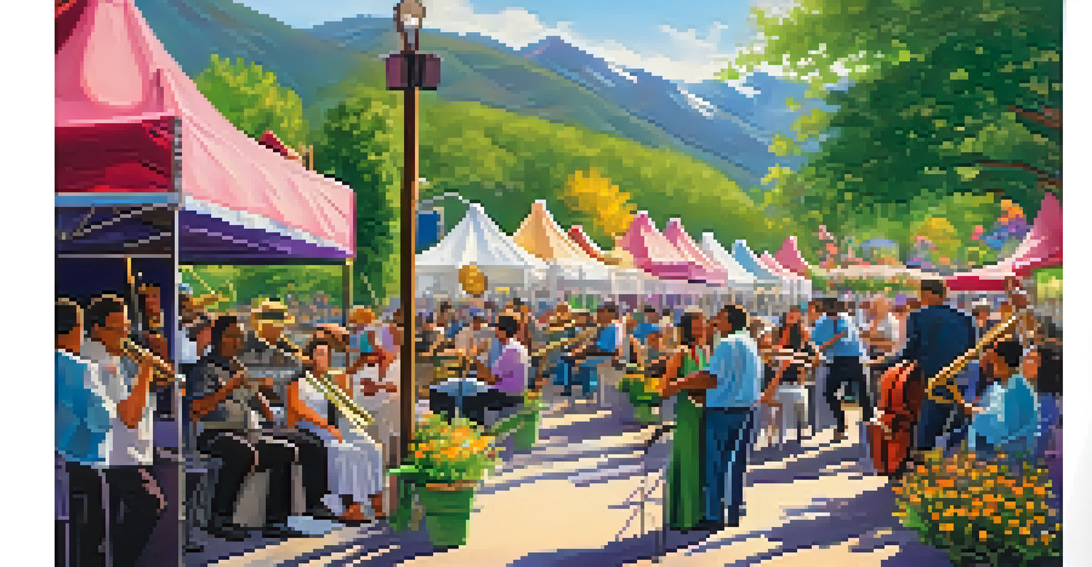 A lively jazz festival in spring with musicians performing and colorful artisan booths, surrounded by blooming flowers.