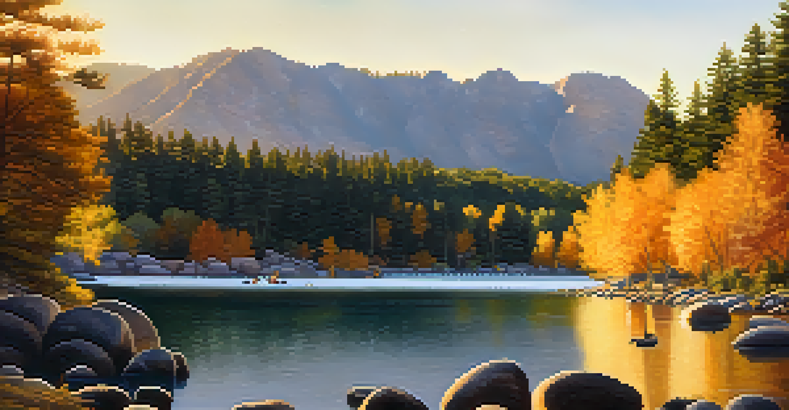 Boulder Bay Park during golden hour with boulders by the lake and families enjoying picnics.