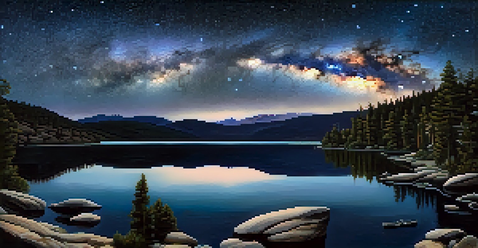A clear night sky filled with stars and the Milky Way, reflecting in a calm lake with mountains around.