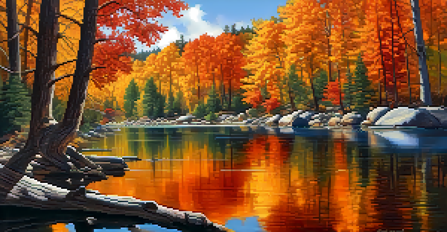 A colorful autumn landscape at Big Bear Lake, featuring trees in shades of orange, red, and yellow, with clear blue skies and reflections on the lake.