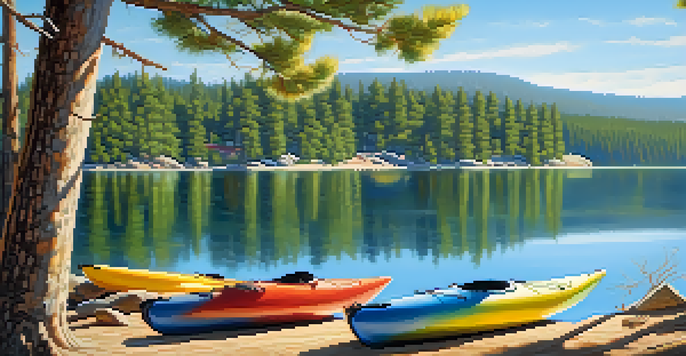 A peaceful lakeside scene with a colorful kayak on calm waters, surrounded by pine trees and a clear blue sky.