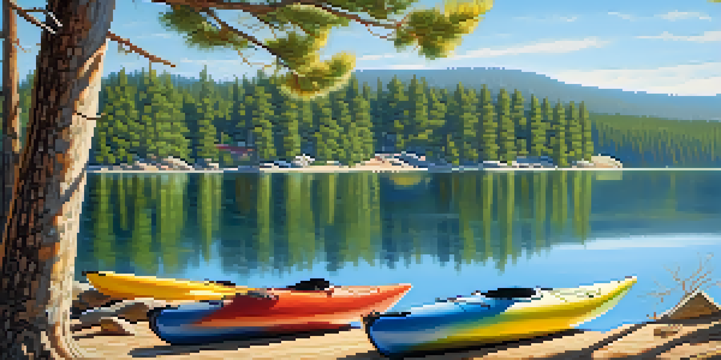 A peaceful lakeside scene with a colorful kayak on calm waters, surrounded by pine trees and a clear blue sky.