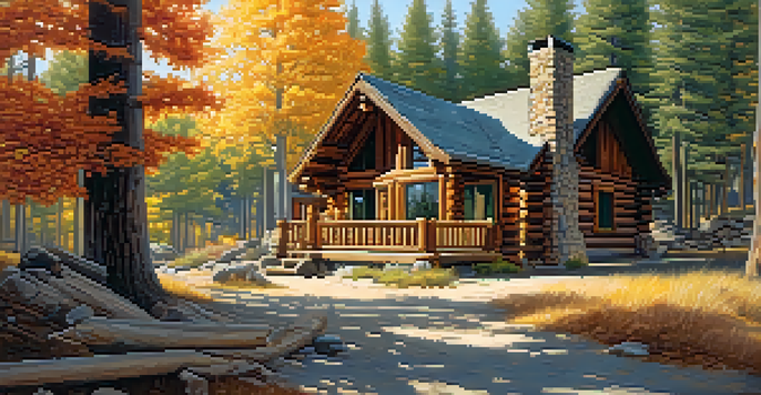 A charming log cabin surrounded by pine trees and autumn leaves, with sunlight streaming through the branches.