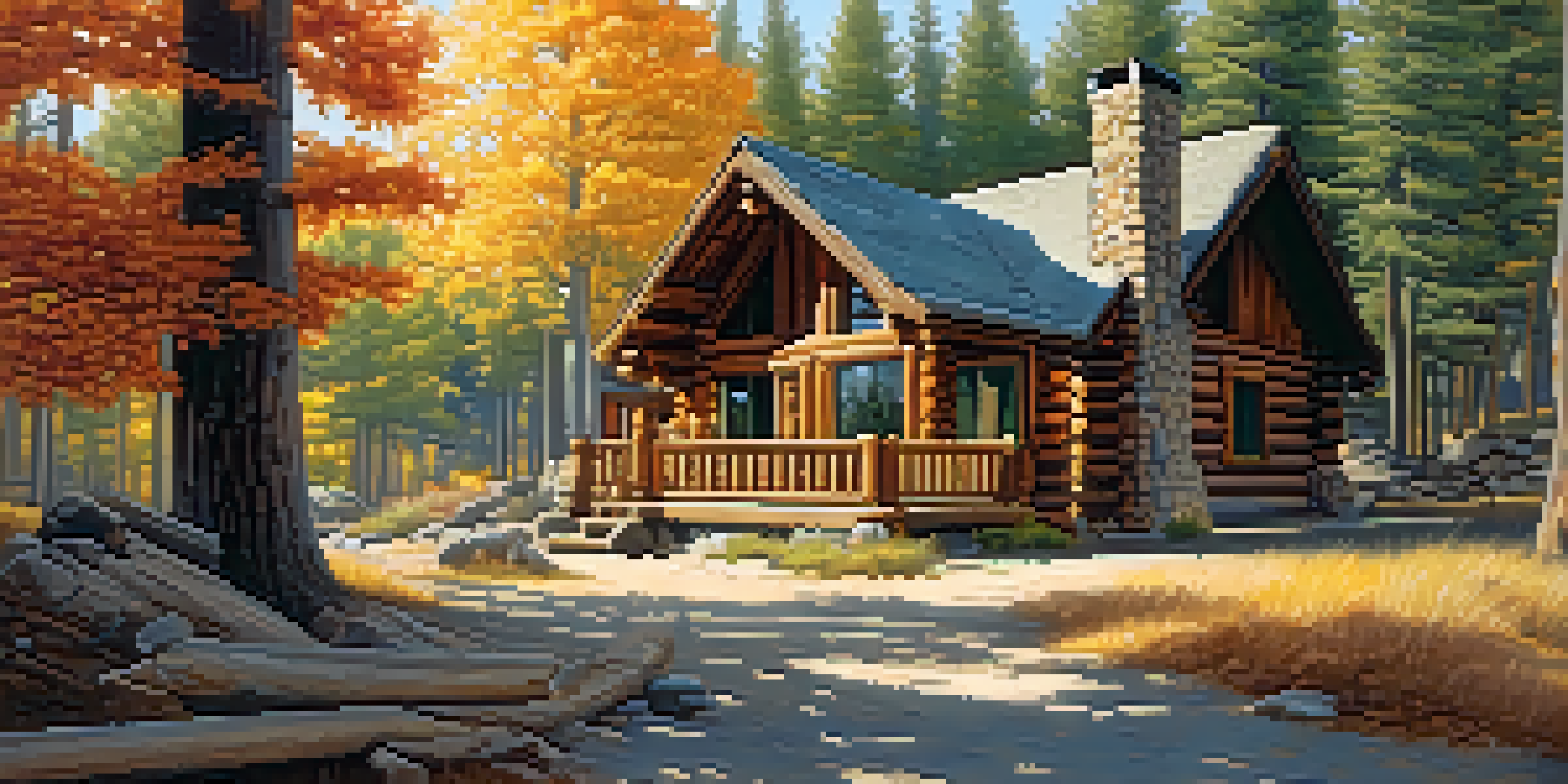 A charming log cabin surrounded by pine trees and autumn leaves, with sunlight streaming through the branches.