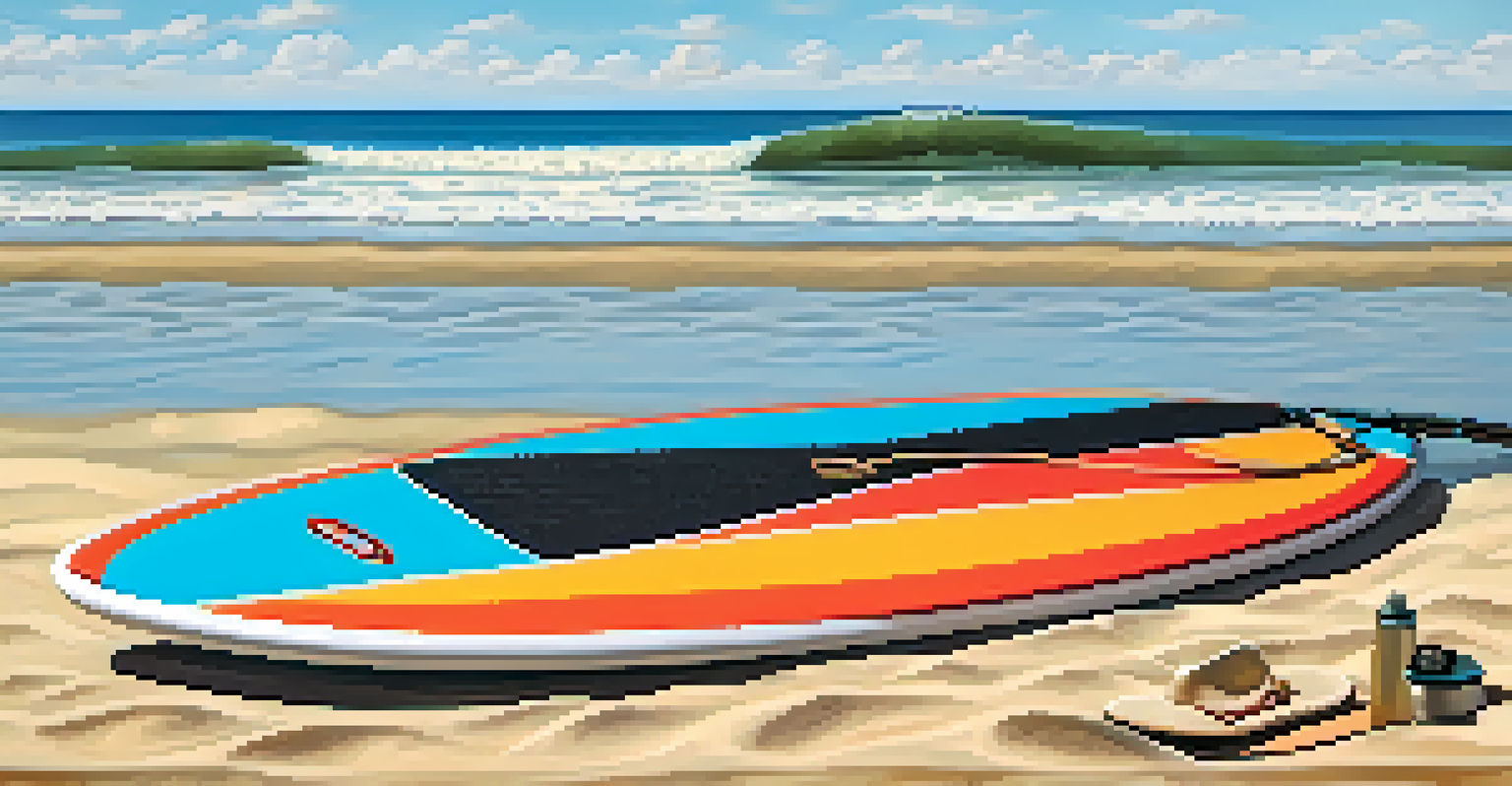 Close-up of a paddleboard and paddle on sandy beach, with gentle waves in the background and beach towels nearby.