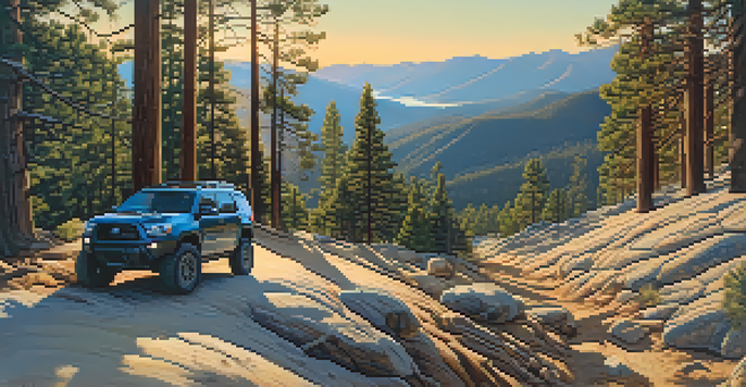 A scenic view of Gold Mountain Trail with off-road vehicles navigating steep and rocky terrain under a golden sunset.