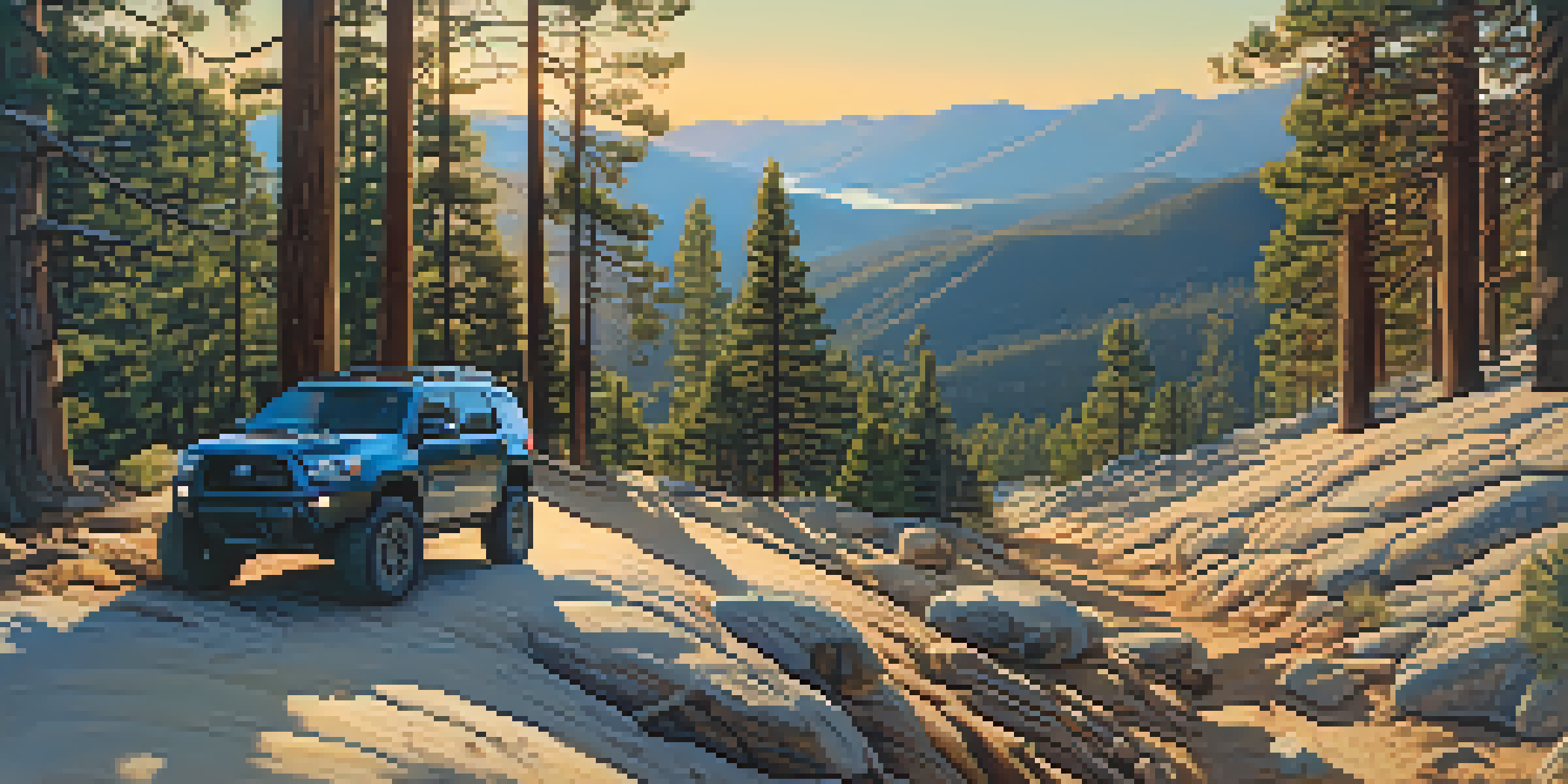 A scenic view of Gold Mountain Trail with off-road vehicles navigating steep and rocky terrain under a golden sunset.
