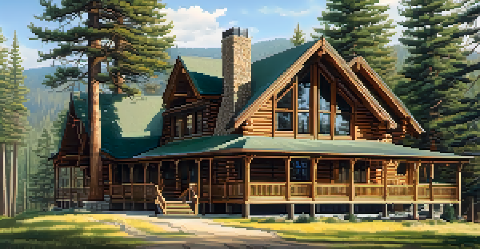 The Historic Lodge at Big Bear surrounded by pine trees, showcasing a log cabin exterior with sunlight filtering through the trees.