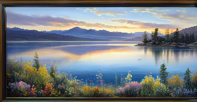 A scenic view of Big Bear Lake at sunrise with blooming wildflowers in the foreground and misty mountains in the background, reflecting golden light on the water.