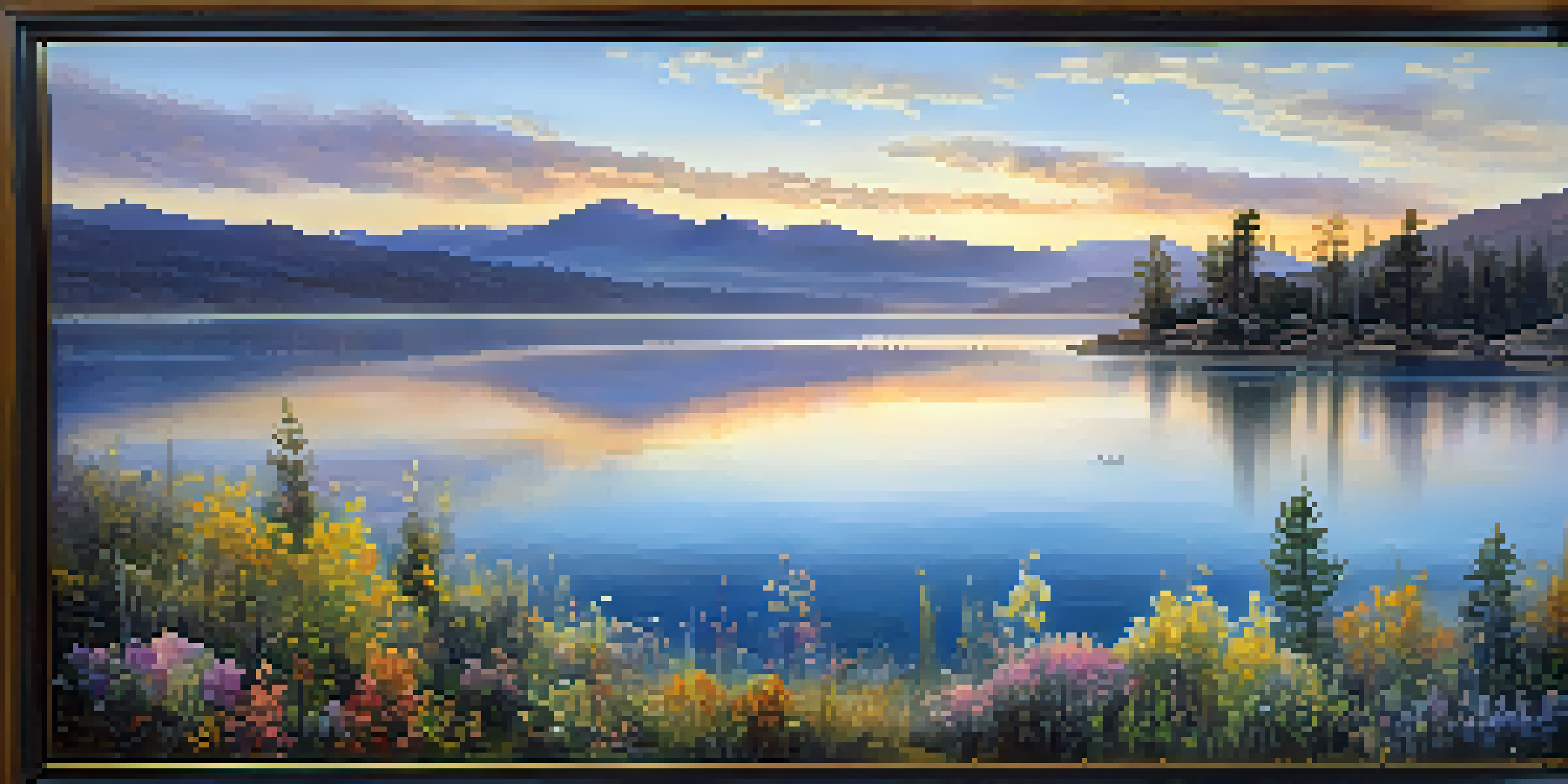 A scenic view of Big Bear Lake at sunrise with blooming wildflowers in the foreground and misty mountains in the background, reflecting golden light on the water.