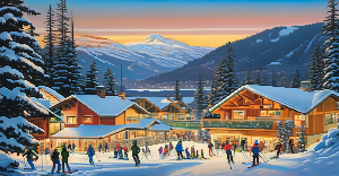 A scenic view of a ski resort in Big Bear with skiers and snowboarders enjoying the snow, surrounded by pine trees and mountains.