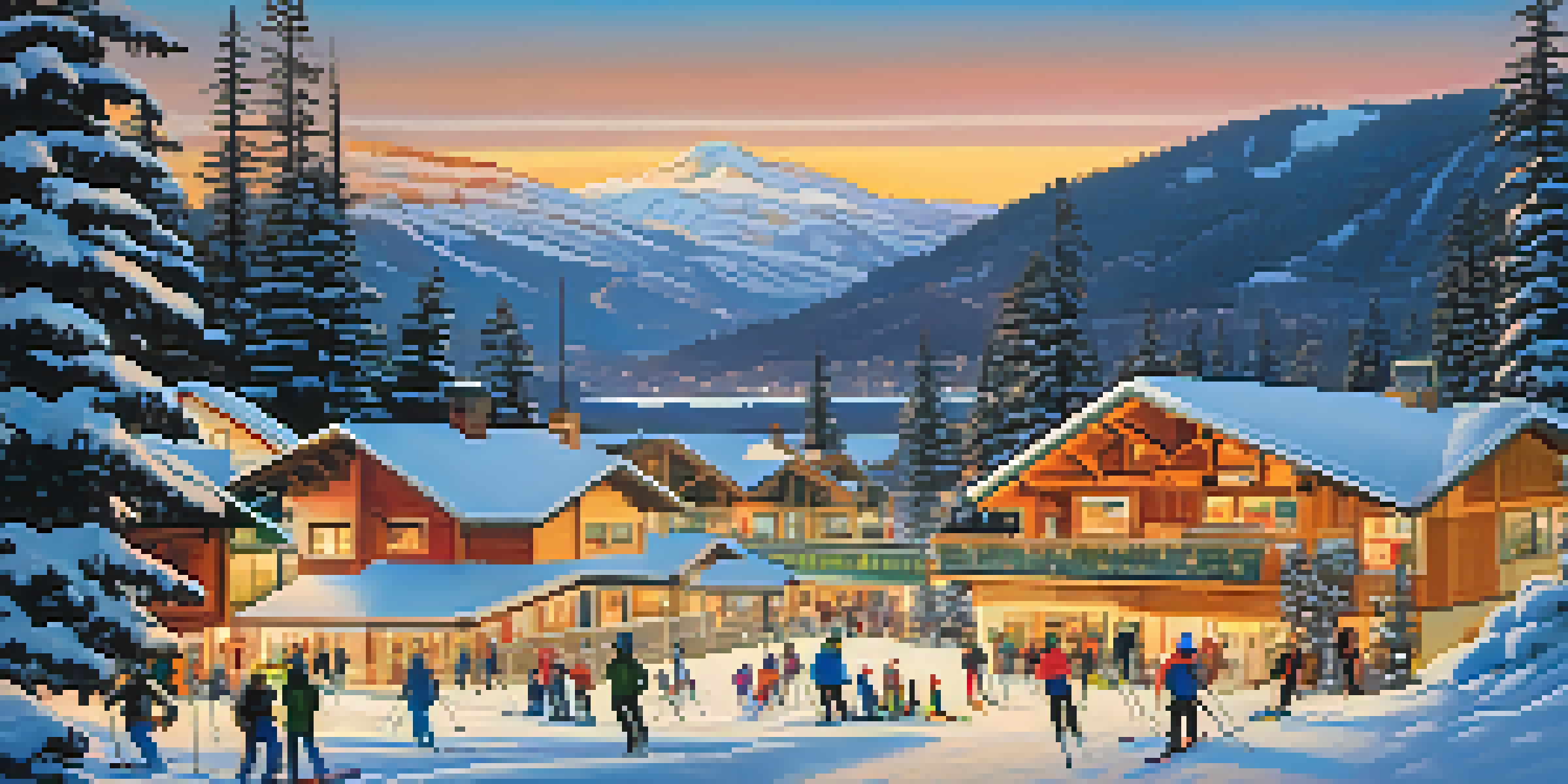 A scenic view of a ski resort in Big Bear with skiers and snowboarders enjoying the snow, surrounded by pine trees and mountains.