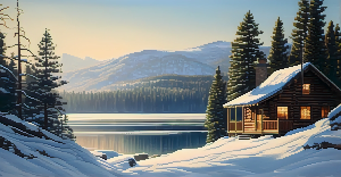 A cozy wooden cabin in a snowy landscape with pine trees, a frozen lake, and mountains in the background, illuminated by soft sunlight.