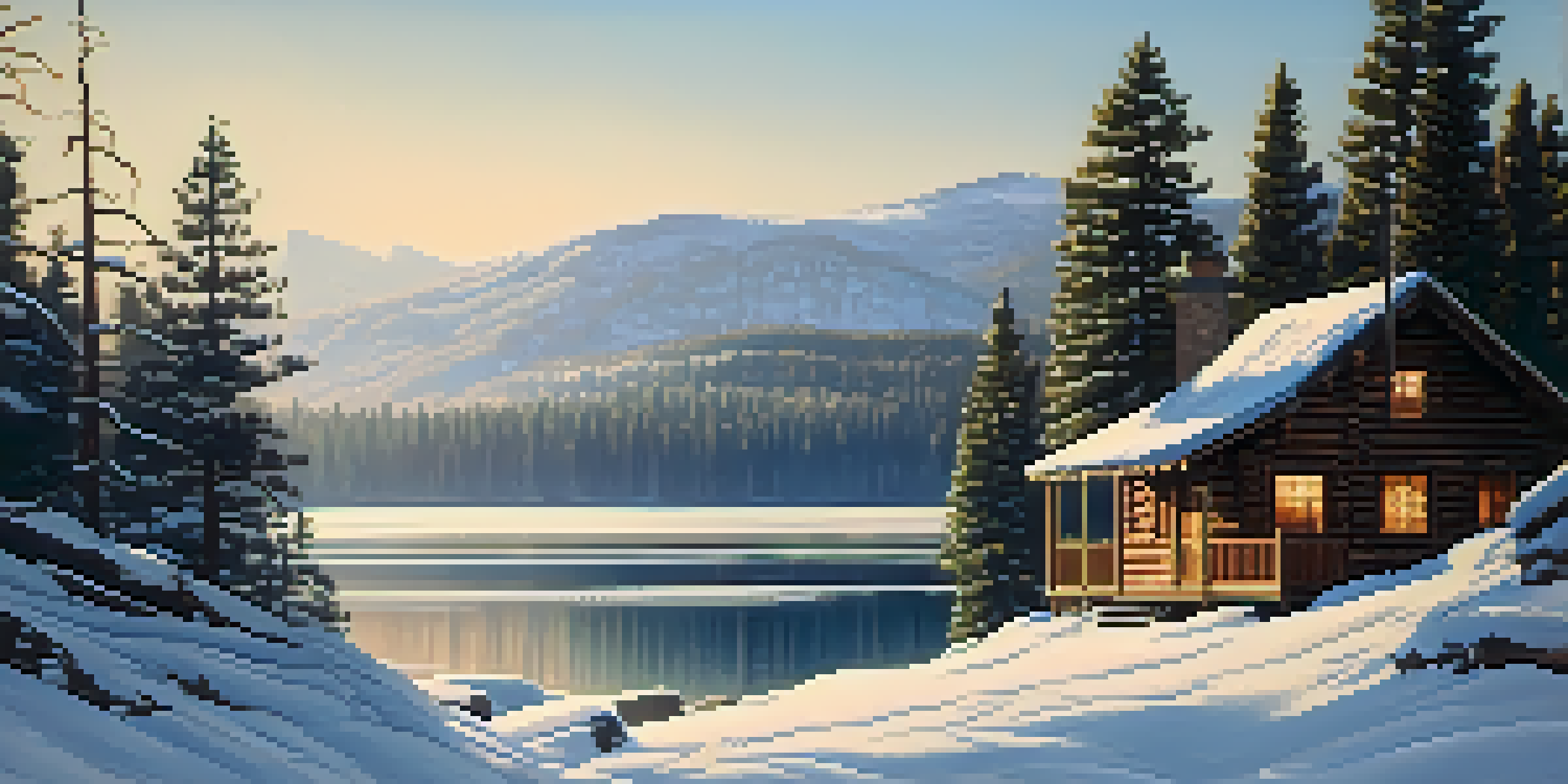 A cozy wooden cabin in a snowy landscape with pine trees, a frozen lake, and mountains in the background, illuminated by soft sunlight.
