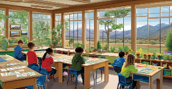 A classroom filled with students participating in conservation education, planting trees and learning about the environment, with mountains visible through the window.