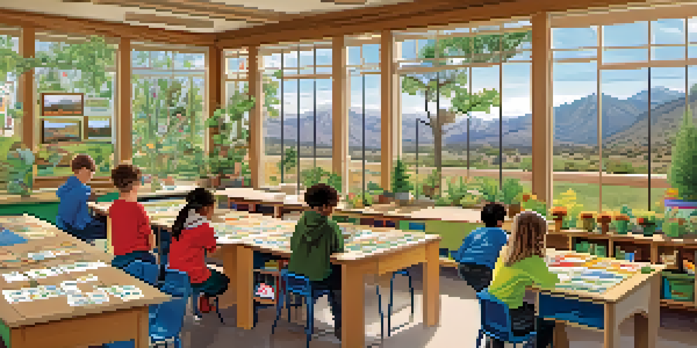 A classroom filled with students participating in conservation education, planting trees and learning about the environment, with mountains visible through the window.