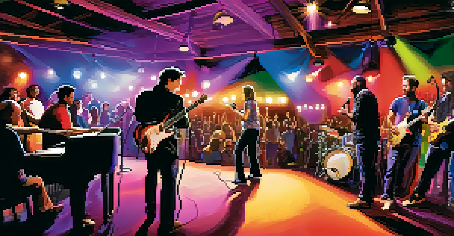 A vibrant live music event at The Cave in Big Bear, with a crowd enjoying the performance, colorful stage lights, and an energetic atmosphere.