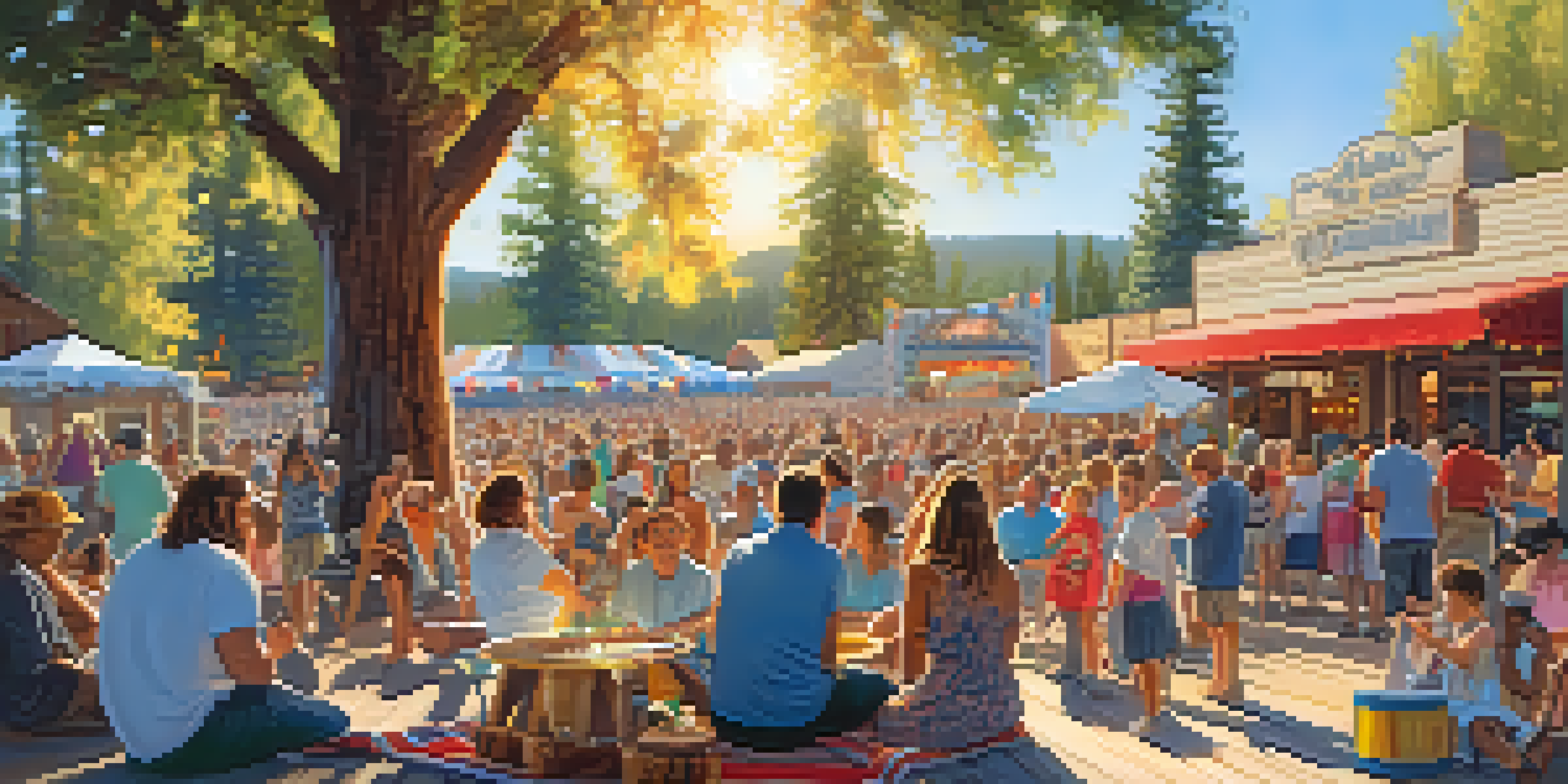 A vibrant outdoor concert with a diverse crowd enjoying live music, families on picnic blankets, and children dancing, set in a picturesque village atmosphere.