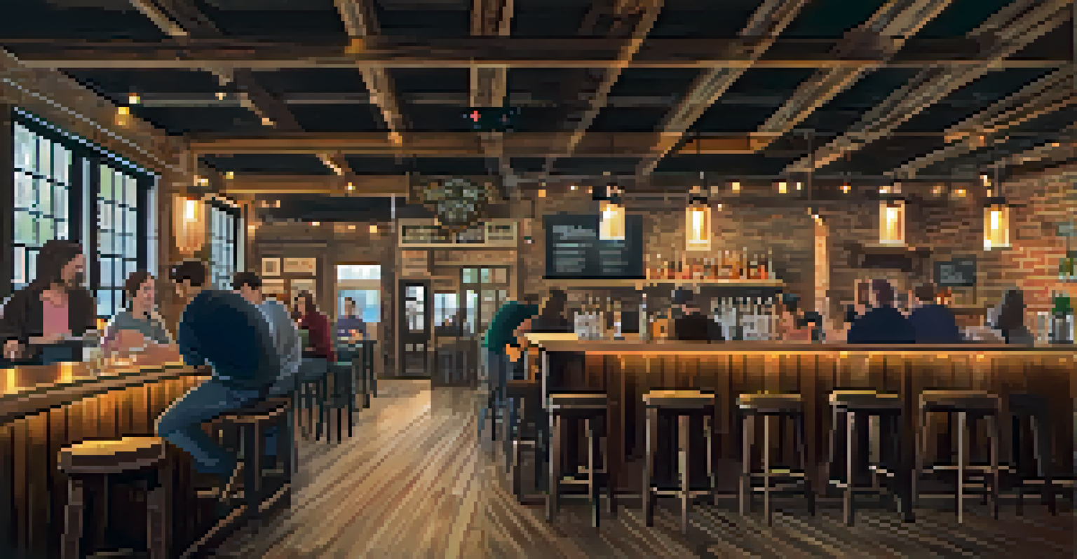 The interior of The Honey Bear brewery, highlighting rustic decor and patrons sampling honey-infused beers.