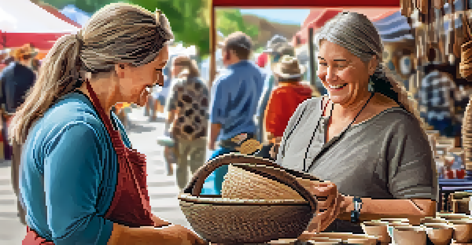 A friendly artisan presenting handcrafted pottery and baskets at a bustling farmers market.