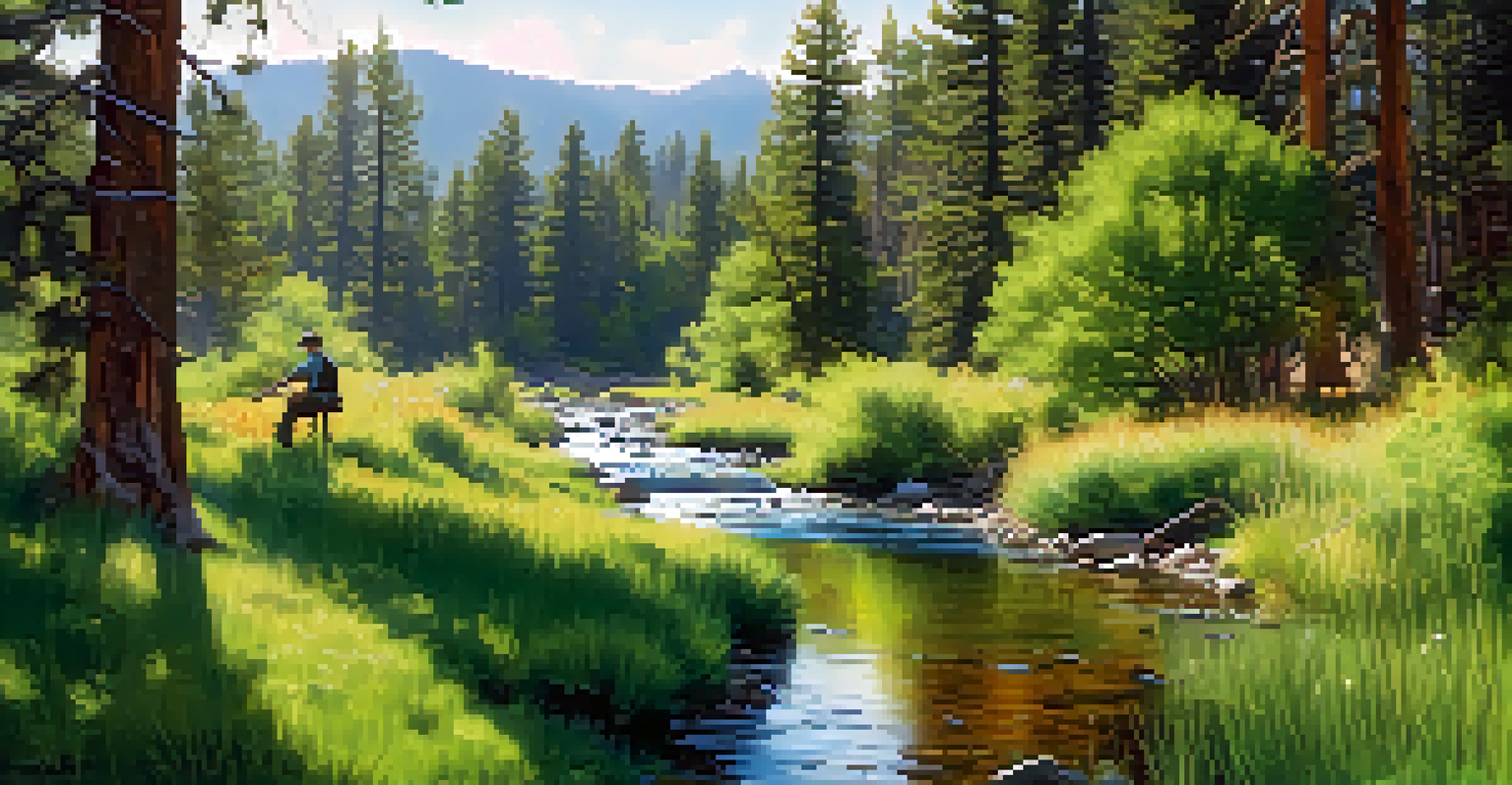 A quiet fishing spot at a hidden creek in Holcomb Valley, surrounded by lush greenery and wildflowers.
