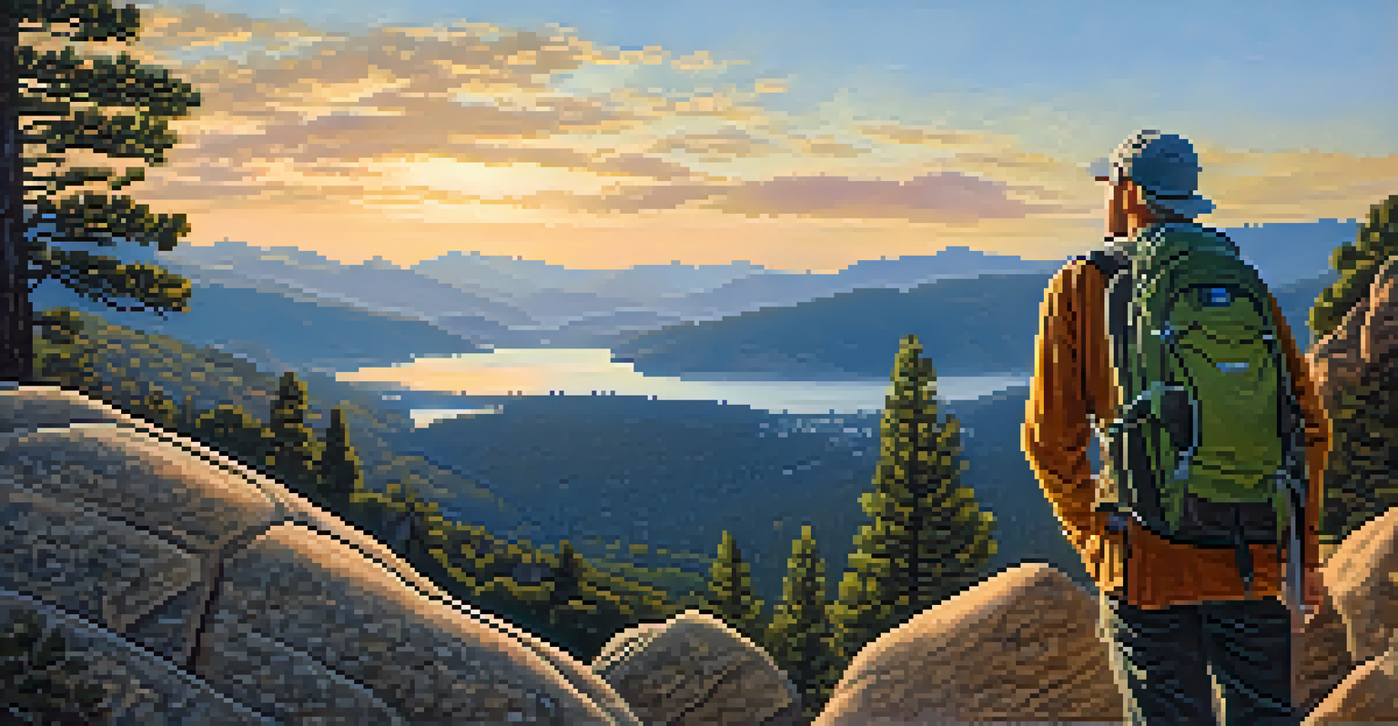 A hiker on a rocky trail with mountains and Big Bear Lake in the background during golden hour.