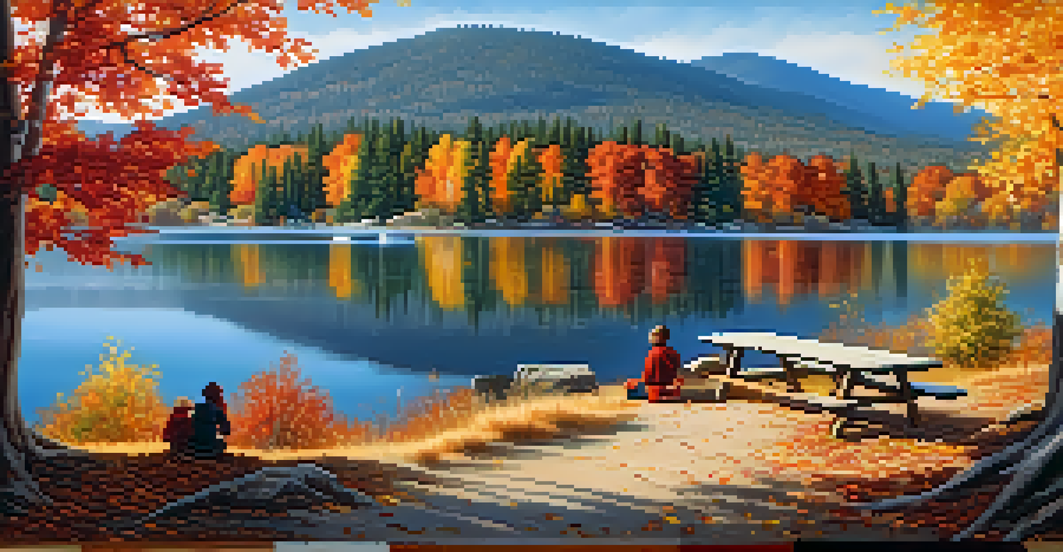 A family enjoying a picnic by Big Bear Lake in autumn, surrounded by colorful fall foliage and mountains.