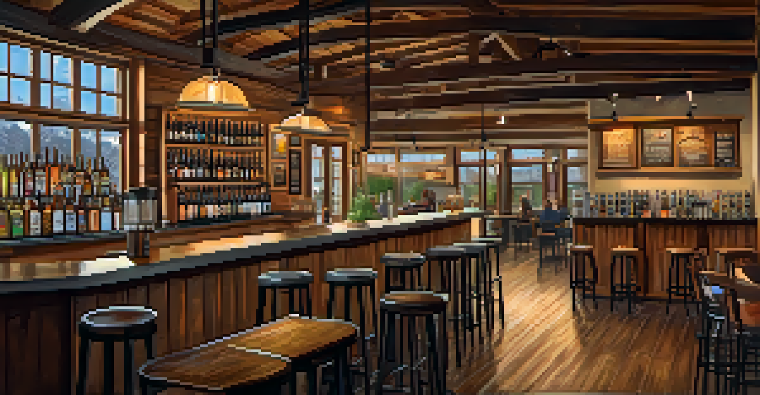 The interior of a cozy craft brewery with wooden decor and patrons enjoying drinks.