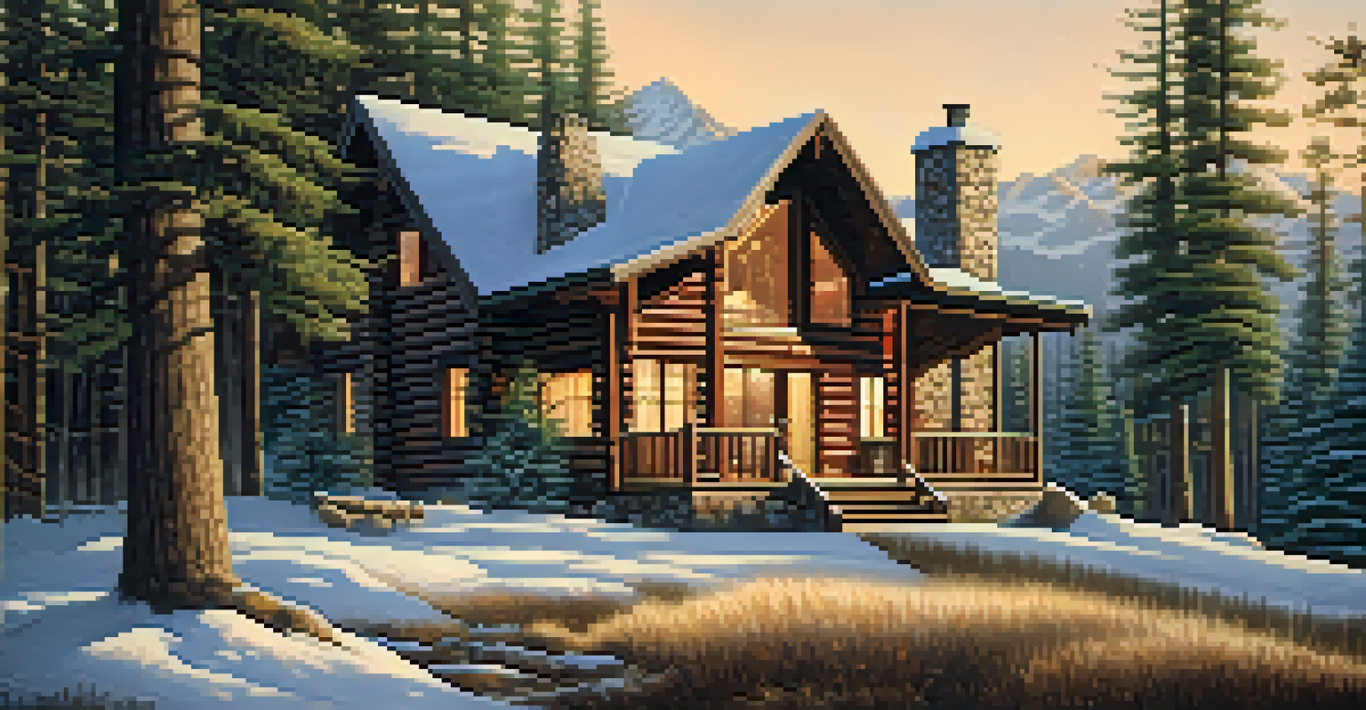A cozy cabin surrounded by pine trees and snow, with smoke coming from the chimney and mountains in the background.