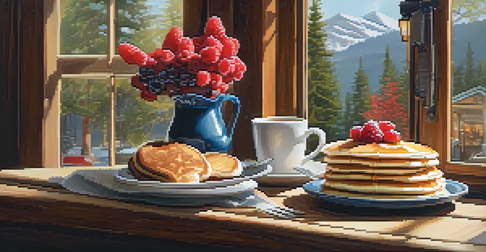 A cozy breakfast table with pancakes, coffee, and pastries in a charming café.