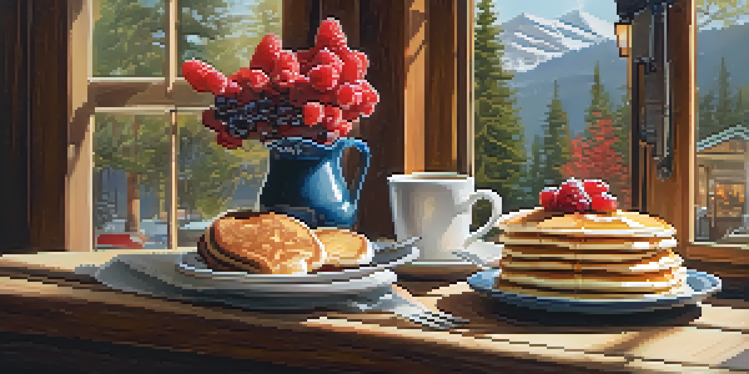 A cozy breakfast table with pancakes, coffee, and pastries in a charming café.
