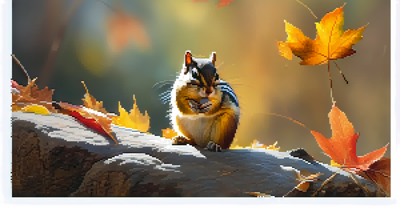 A chipmunk on a rock with autumn leaves, showcasing its playful nature in a serene forest setting.