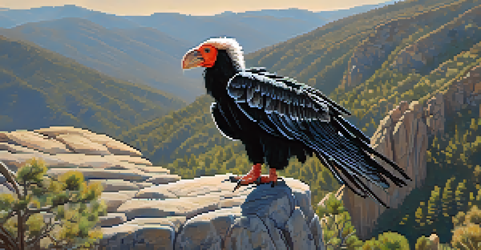 A California condor perched on a rock with its wings spread, set against the cliffs of Big Bear.