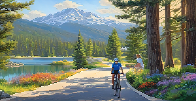 A scenic trail along Big Bear Lake with flowers and mountains in the background, depicting families cycling and walking.