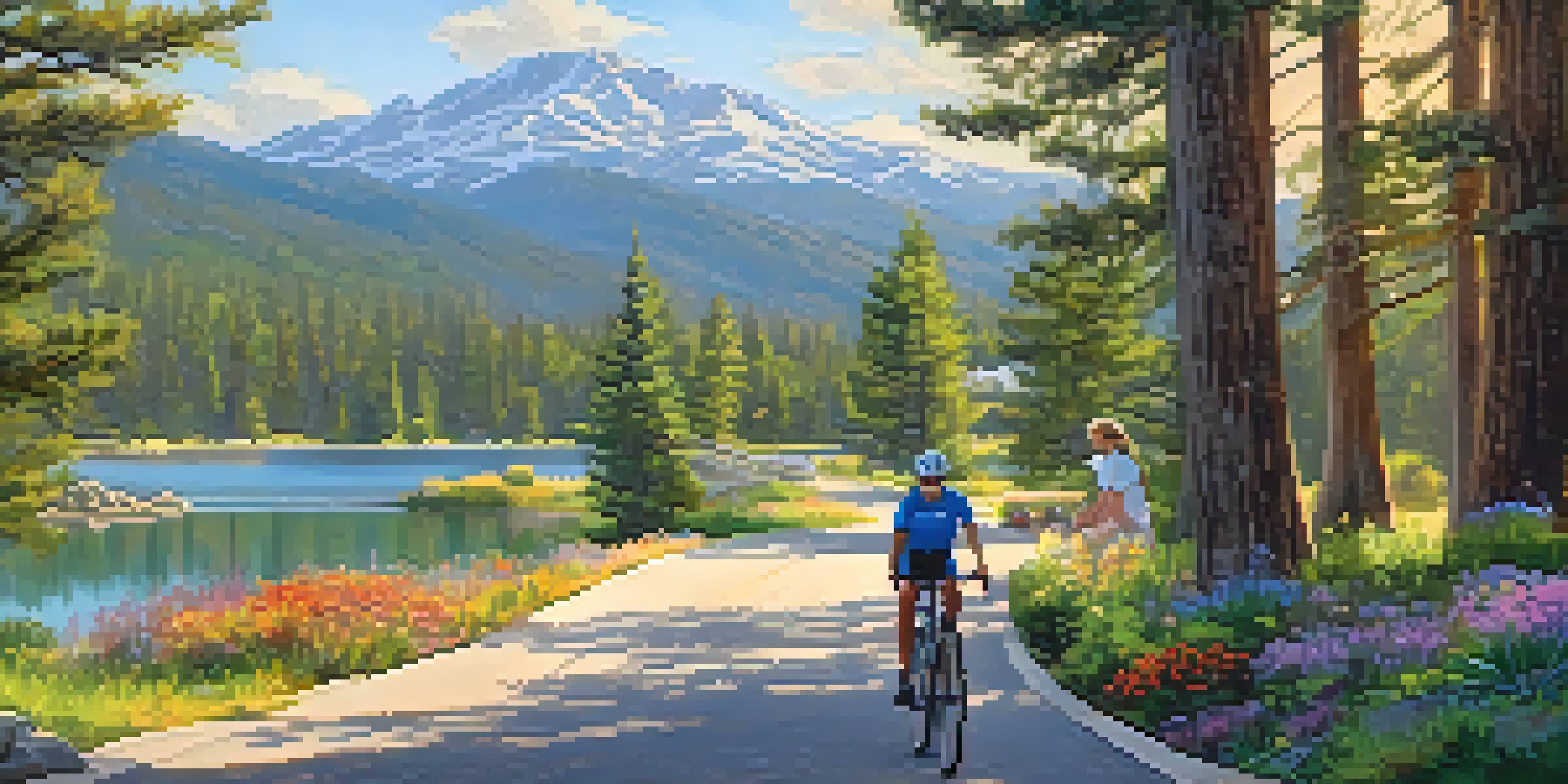 A scenic trail along Big Bear Lake with flowers and mountains in the background, depicting families cycling and walking.