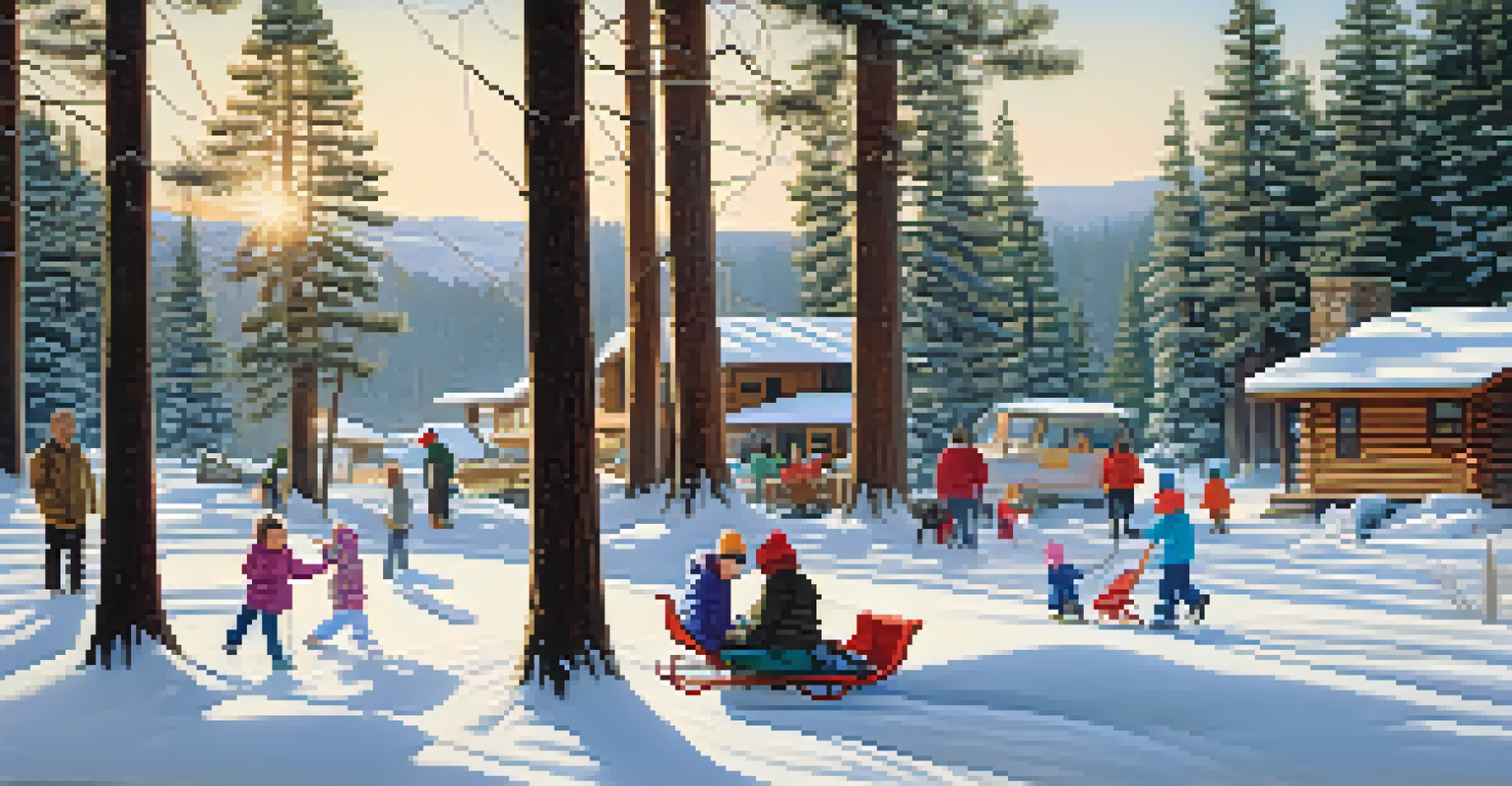 A family having fun on Pine Knot Trail in winter, with children playing in the snow and adults setting up a picnic.