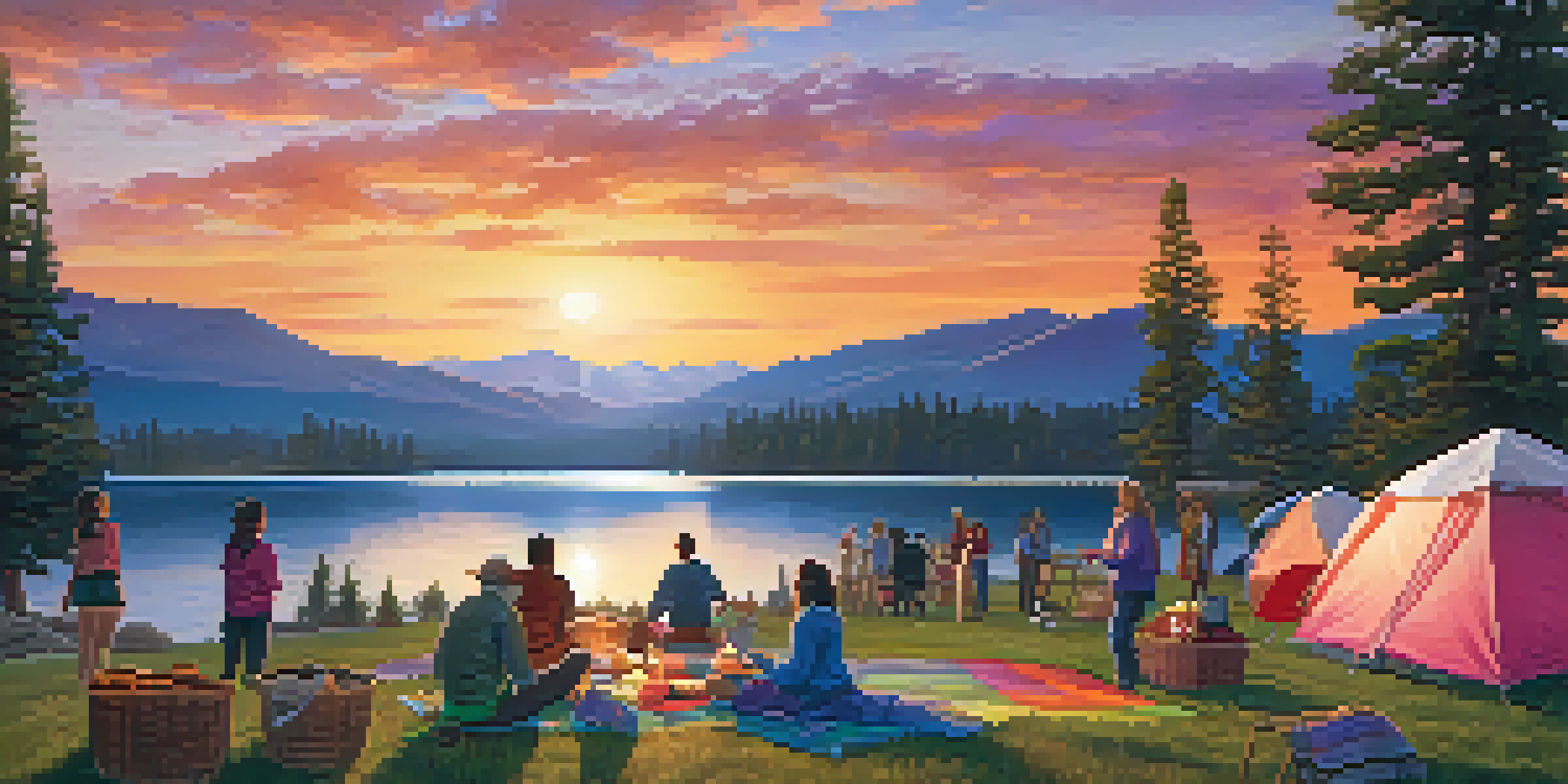 A scenic view of Big Bear Lake at sunset, featuring a live music performance with people enjoying the outdoor atmosphere.