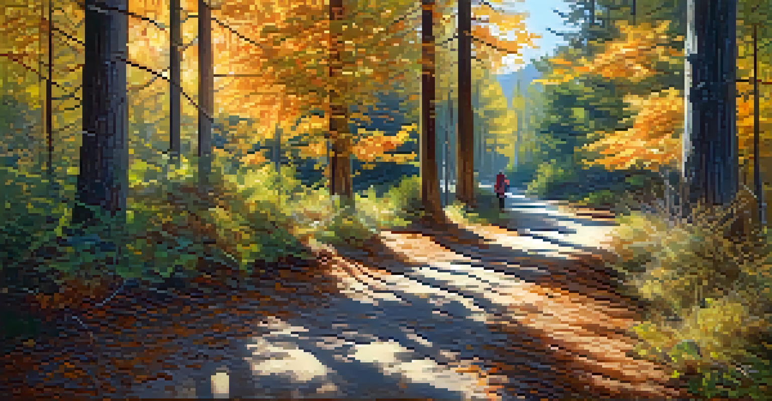 A nature trail in Big Bear with autumn leaves, where a writer walks and takes notes in a journal, illuminated by soft sunlight.