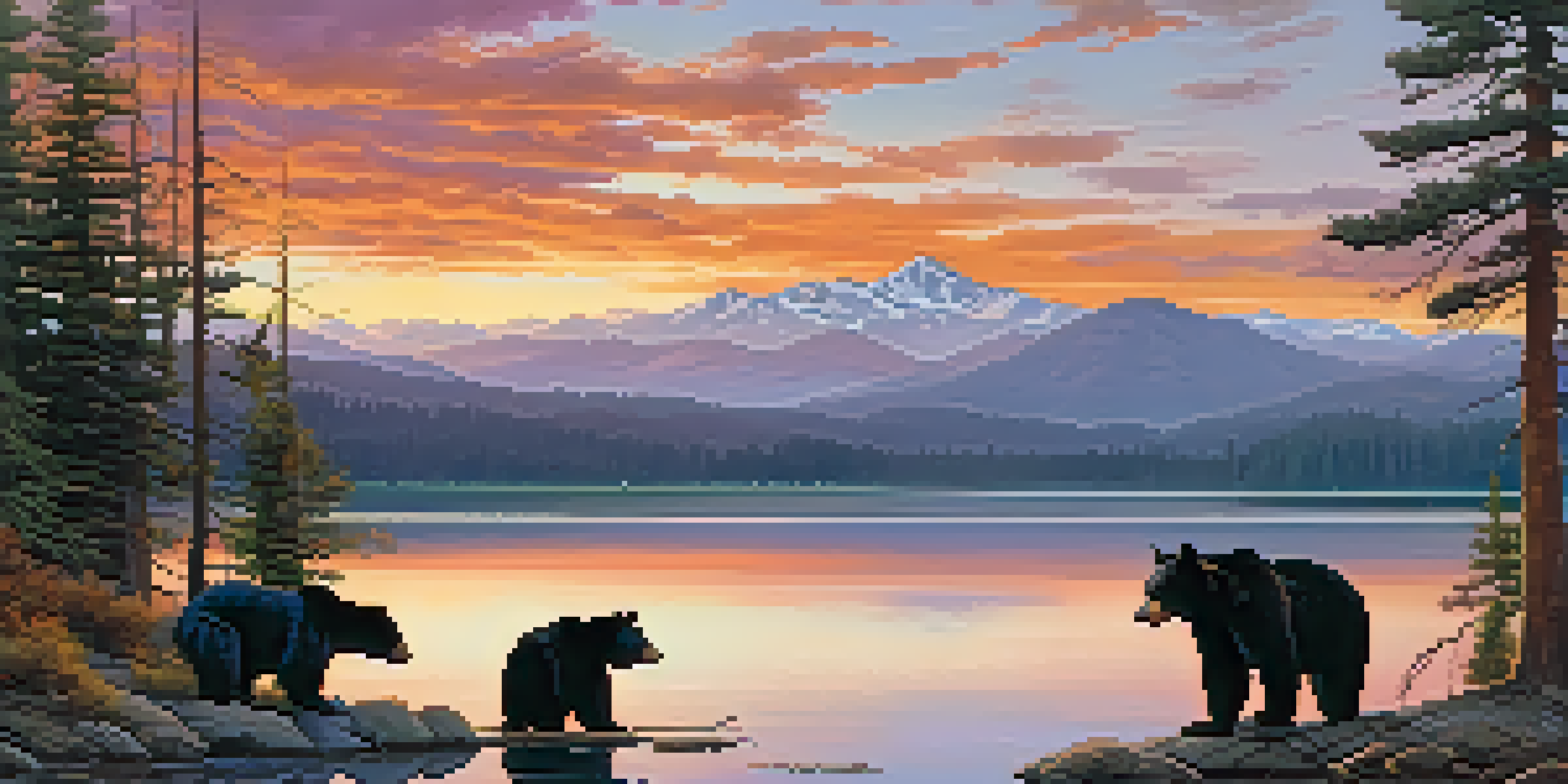 A picturesque view of Big Bear Lake at sunrise with black bears playing on the shore and a bald eagle soaring above.