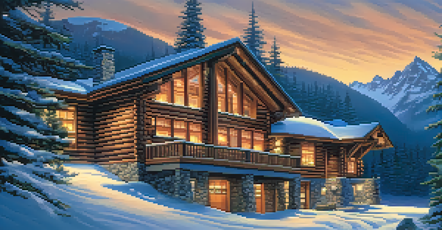 A cozy mountain lodge at dusk surrounded by snow-covered pine trees, with warm lights glowing from the windows.