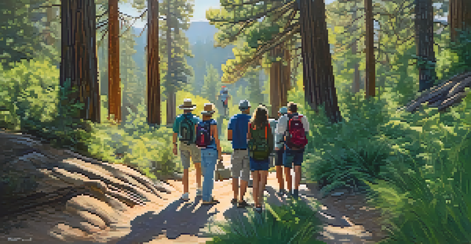 A group of people on a guided nature walk in Big Bear, surrounded by greenery and engaged in learning about local ecology.