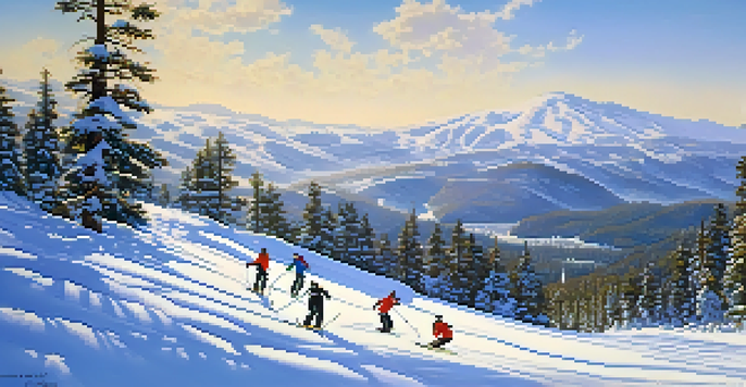 A scenic view of beginner skiers on gentle slopes at Big Bear, with a ski instructor and tall pine trees in the background.