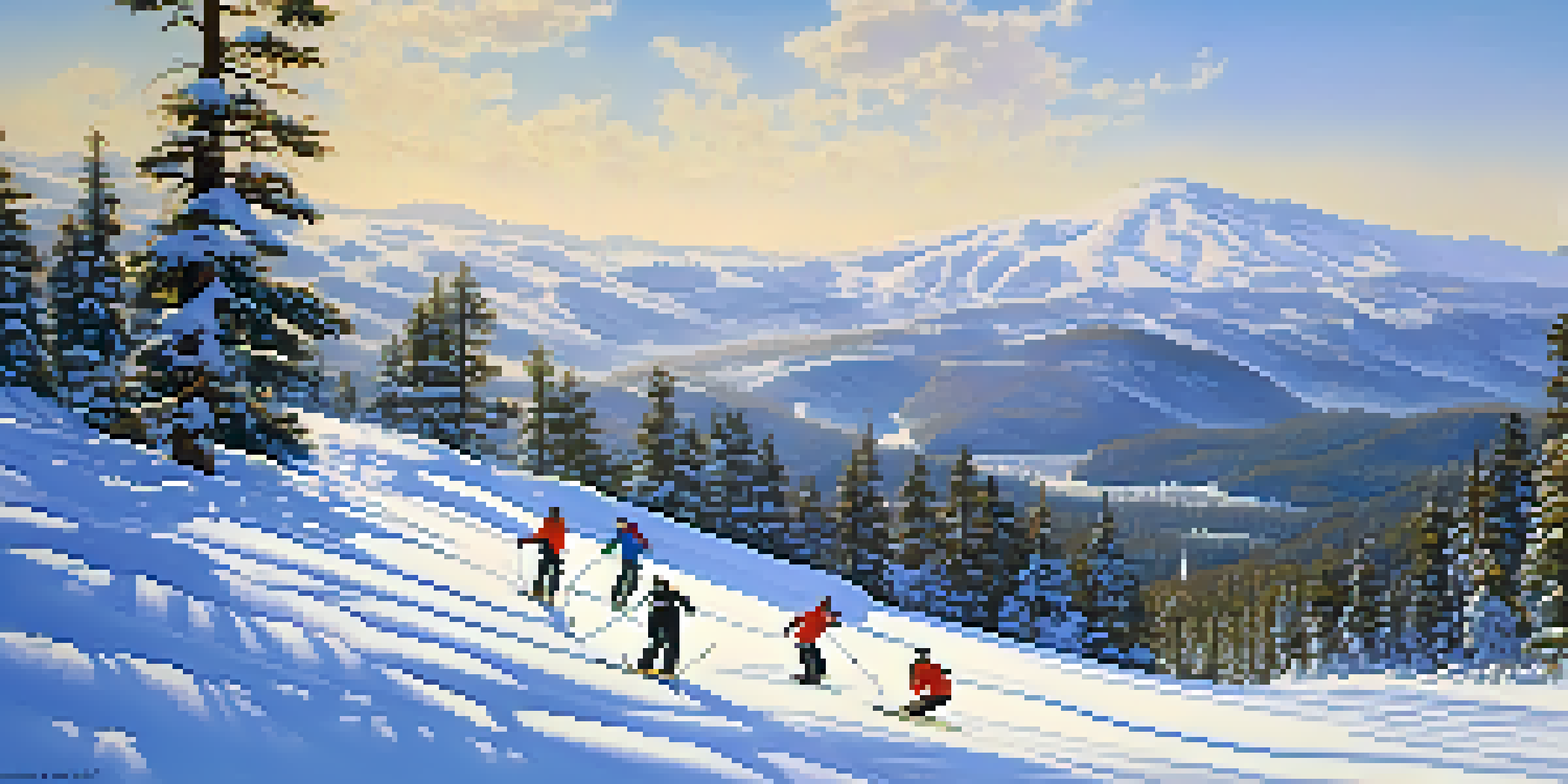 A scenic view of beginner skiers on gentle slopes at Big Bear, with a ski instructor and tall pine trees in the background.