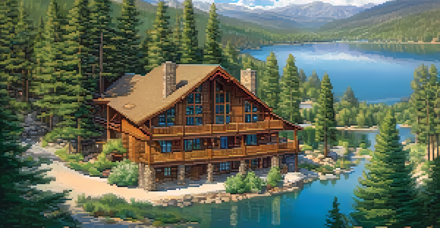 Aerial view of Big Bear's lodge surrounded by mountains, forests, and a lake, illustrating a beautiful natural landscape.
