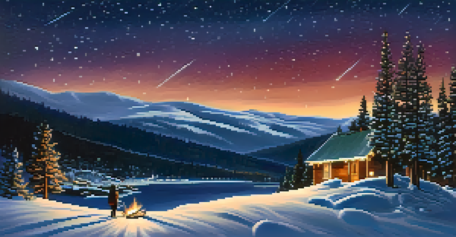 A person watching meteors in a snowy landscape at Big Bear during winter, with a cup of cider nearby.
